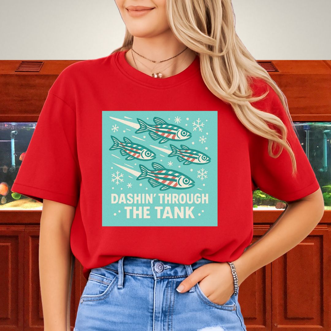 Dashin’ Through the Tank Tee – Candy Stripe Zebra Danio Christmas Shirt
