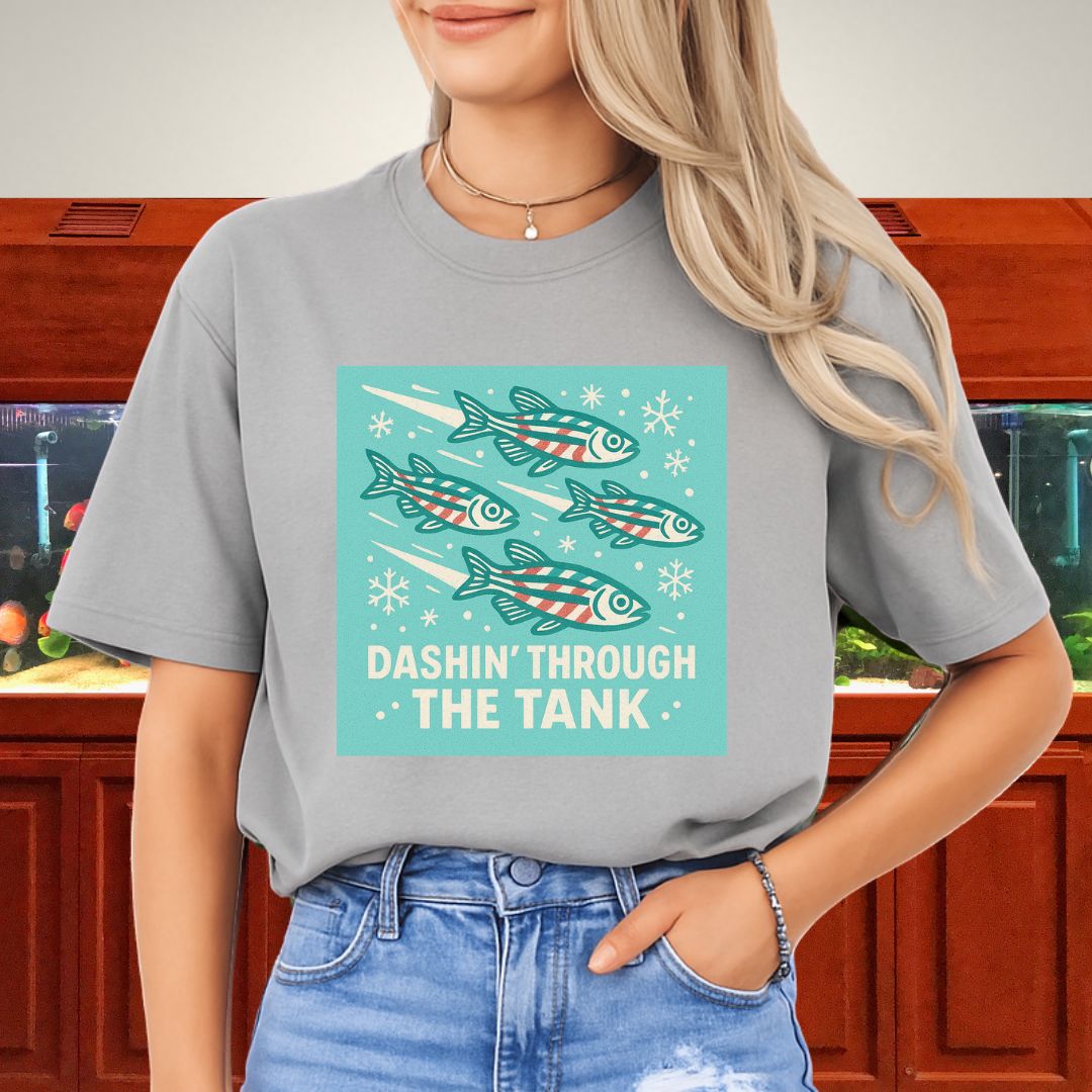 Dashin’ Through the Tank Tee – Candy Stripe Zebra Danio Christmas Shirt