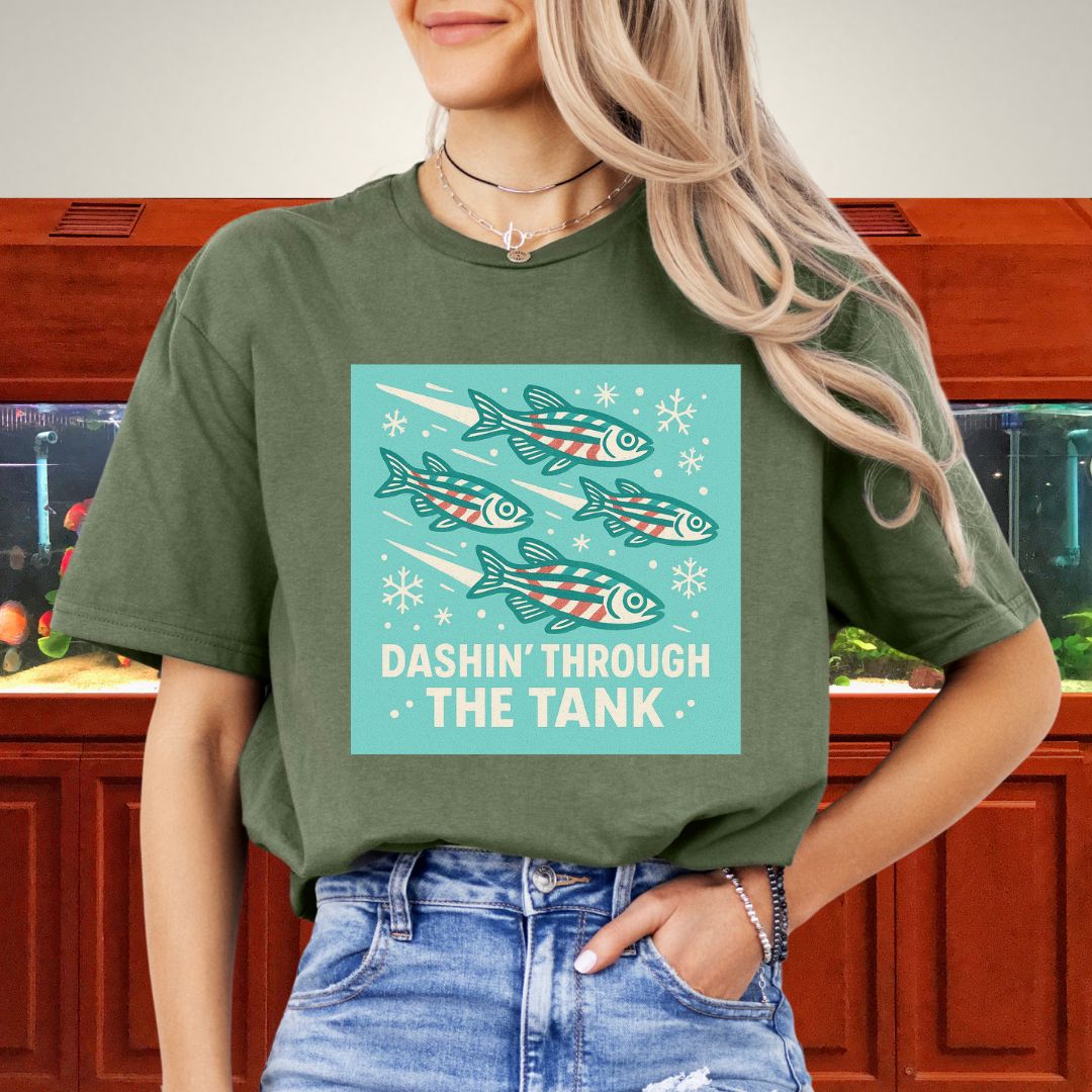 Dashin’ Through the Tank Tee – Candy Stripe Zebra Danio Christmas Shirt