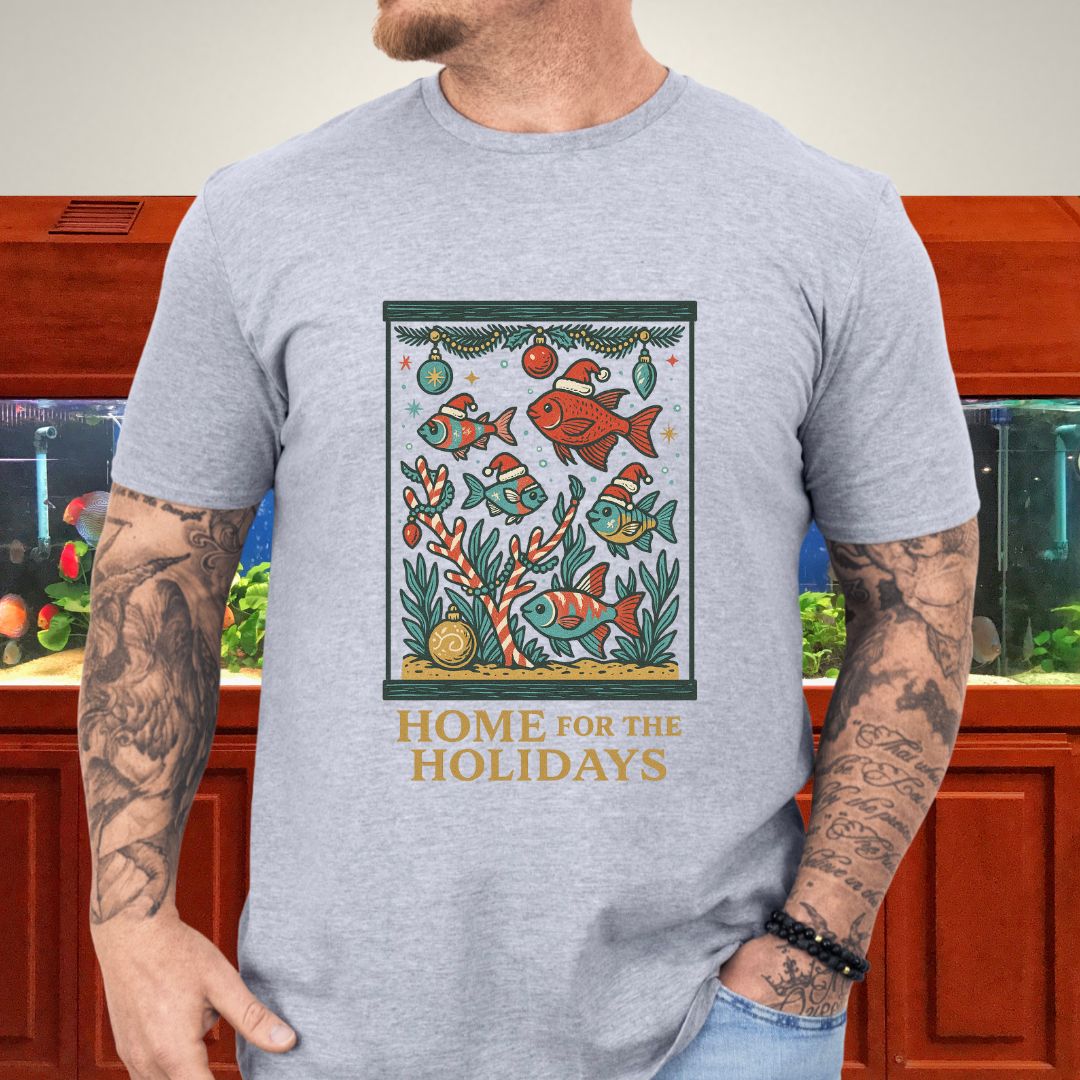 Home for the Holidays Aquarium Tee – Retro Christmas Fish Shirt