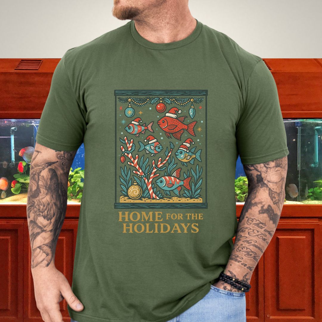 Home for the Holidays Aquarium Tee – Retro Christmas Fish Shirt