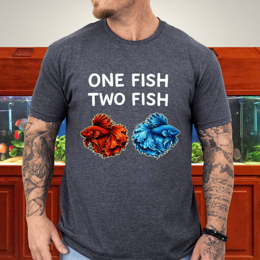 Two contrasting illustrated bettas with One Fish Two Fish typography on a charcoal unisex t-shirt