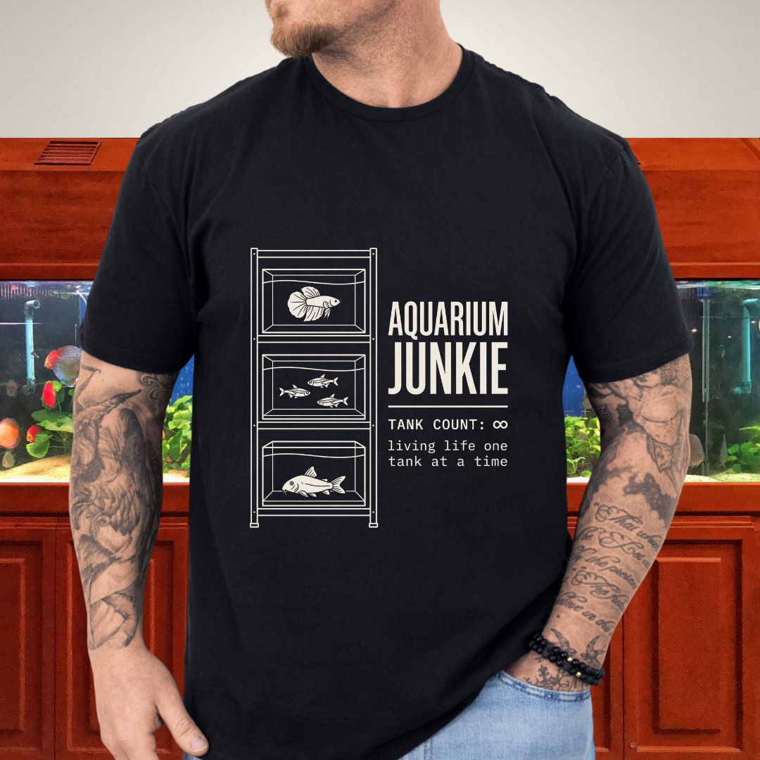 Line-illustrated multi-tank fish rack with Aquarium Junkie text on a black unisex t-shirt