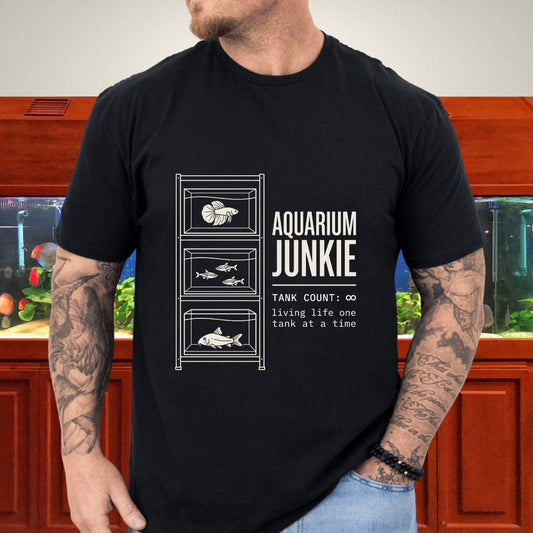 Line-illustrated multi-tank fish rack with Aquarium Junkie text on a black unisex t-shirt
