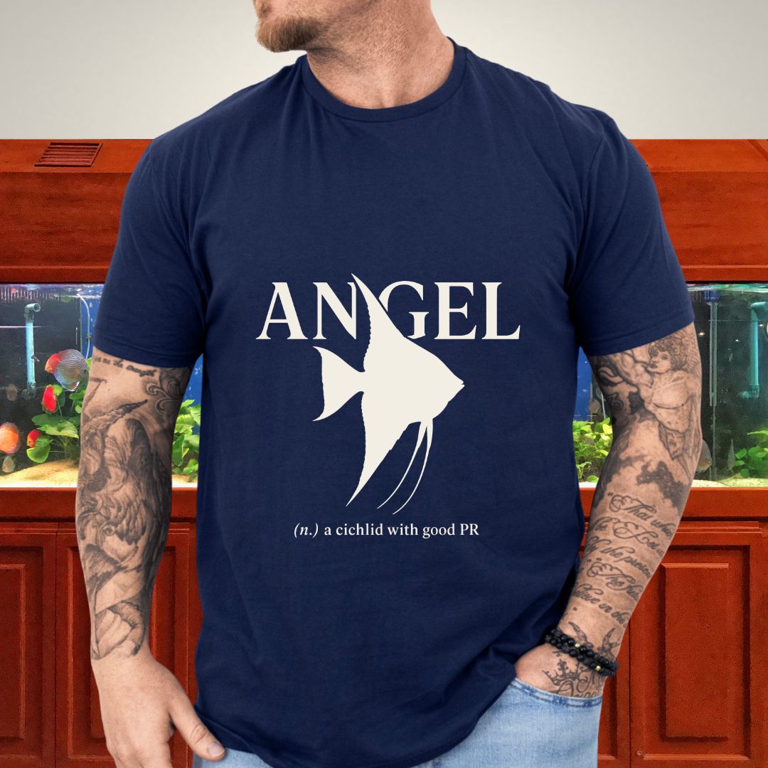 Single-ink minimalist angelfish silhouette with Angel definition text on a navy unisex t-shirt