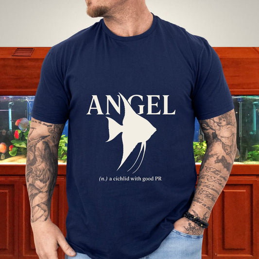 Single-ink minimalist angelfish silhouette with Angel definition text on a navy unisex t-shirt