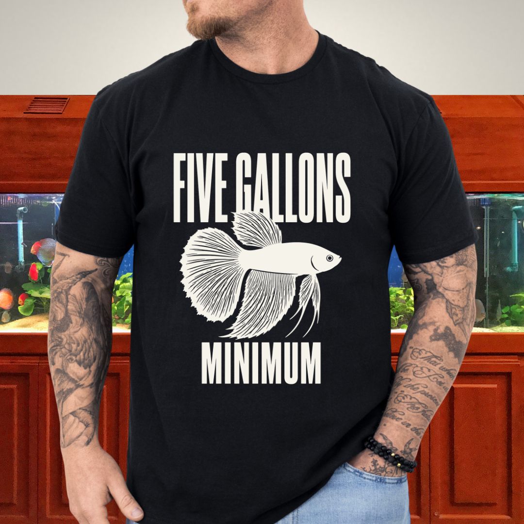 Single-ink full-finned betta illustration with Five Gallons Minimum text on a black unisex t-shirt