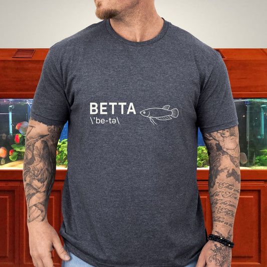 Wild-type short-finned betta illustration with Betta pronunciation guide text on a dark heather unisex t-shirt