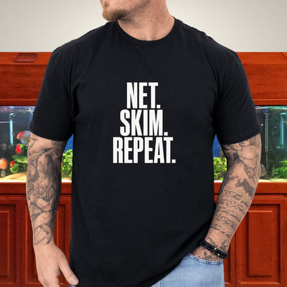 Single-ink NET. SKIM. REPEAT. typography design on a unisex t-shirt