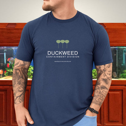 Two-color Duckweed Containment Division emblem with a Lemna minor colony on a unisex t-shirt