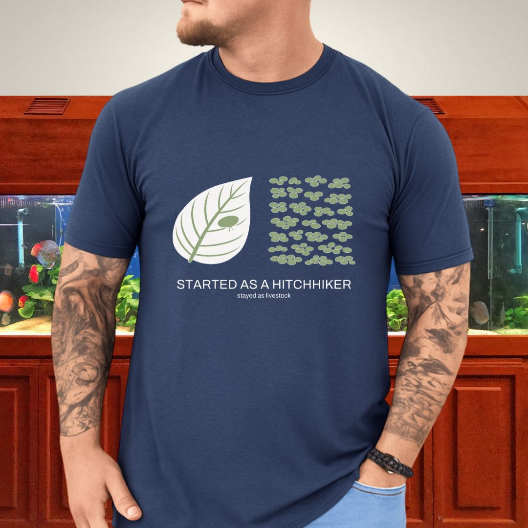 Two-color before-and-after design showing one duckweed frond taking over a planted tank on a unisex t-shirt