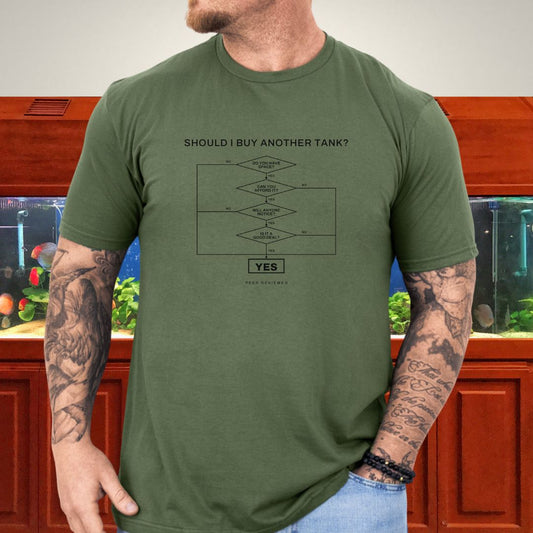 Line-art decision flowchart design titled Should I Buy Another Tank? on a military green unisex t-shirt