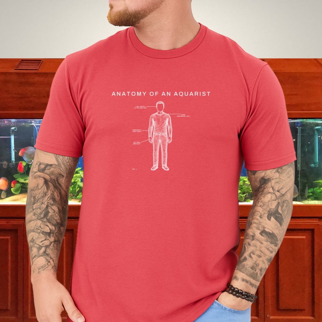 Line-art callout plate illustration of a freshwater aquarist on a tropical blue unisex t-shirt