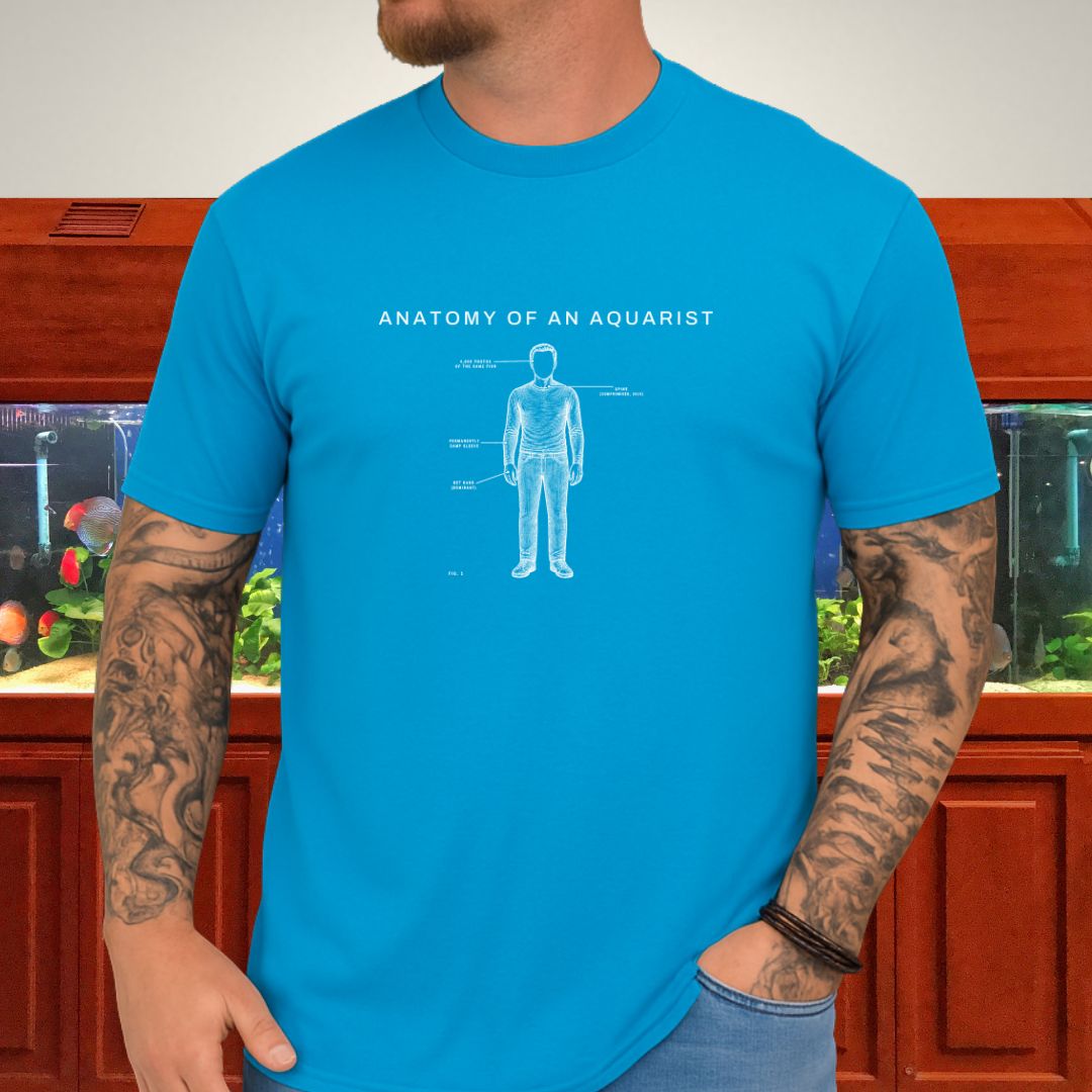 Line-art callout plate illustration of a freshwater aquarist on a heather red unisex t-shirt