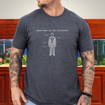 Line-art callout plate illustration of a freshwater aquarist on a heather navy unisex t-shirt