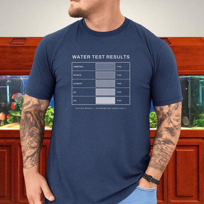 Line-art water test comparison card design (ammonia, nitrite, nitrate, pH, KH) on a heather navy unisex t-shirt
