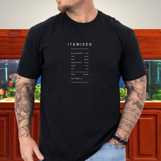 Line-art itemized aquarium equipment cost receipt design on a black unisex t-shirt