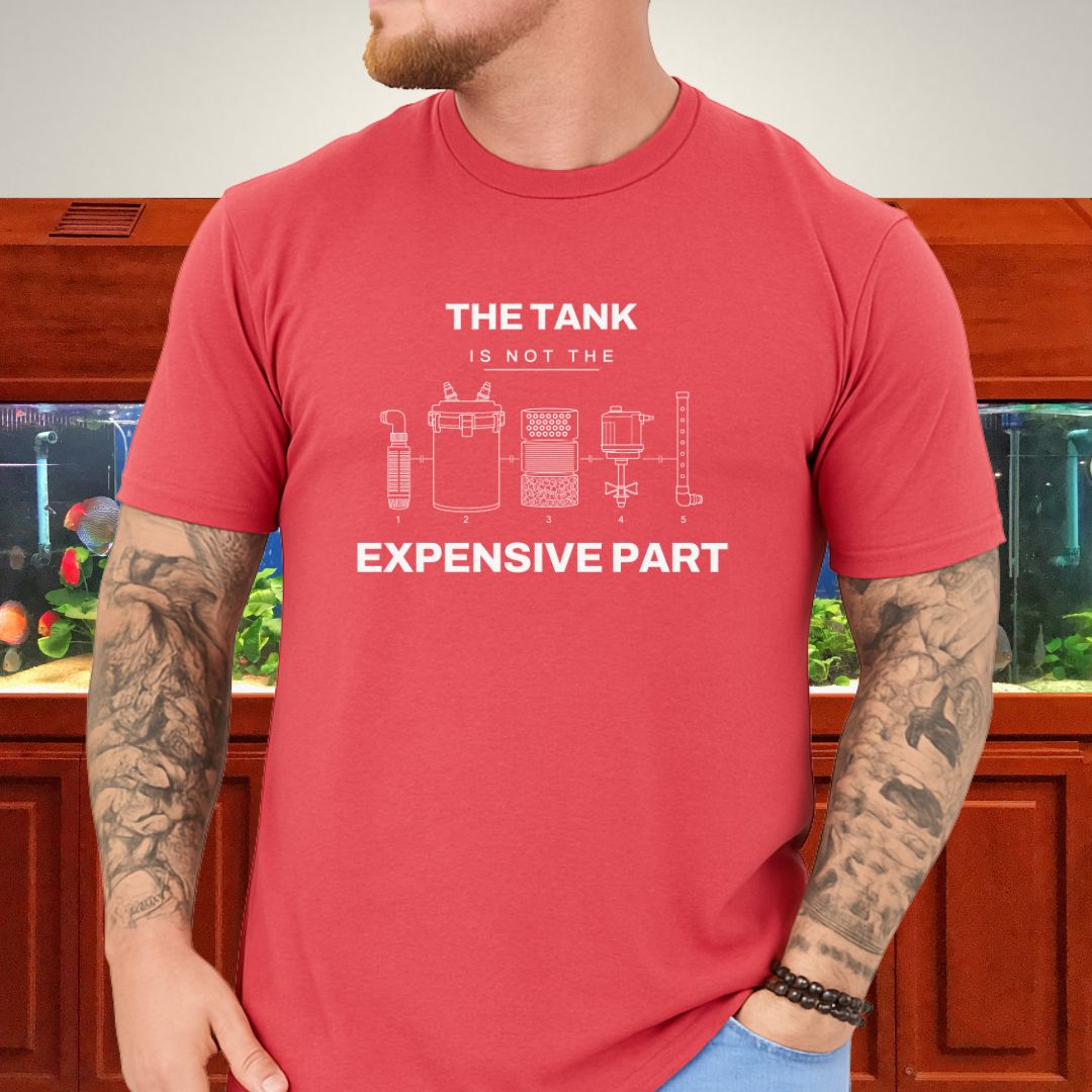 Line-art exploded aquarium canister equipment diagram, five components on a tropical blue unisex t-shirt