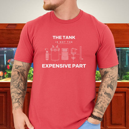 Line-art exploded aquarium canister equipment diagram, five components on a tropical blue unisex t-shirt