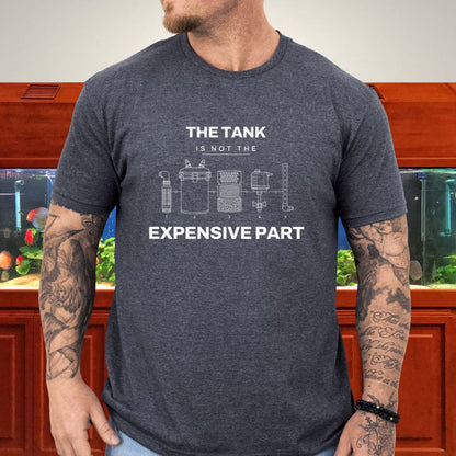 Line-art exploded aquarium canister equipment diagram, five components on a dark heather unisex t-shirt