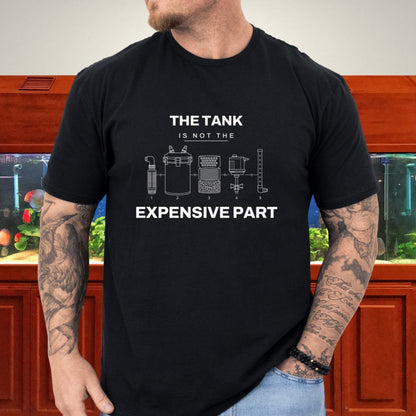 Line-art exploded aquarium canister equipment diagram, five components on a black unisex t-shirt