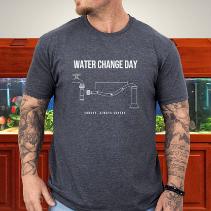 Line-art aquarium water-change siphon rig diagram on a heather navy unisex t-shirt