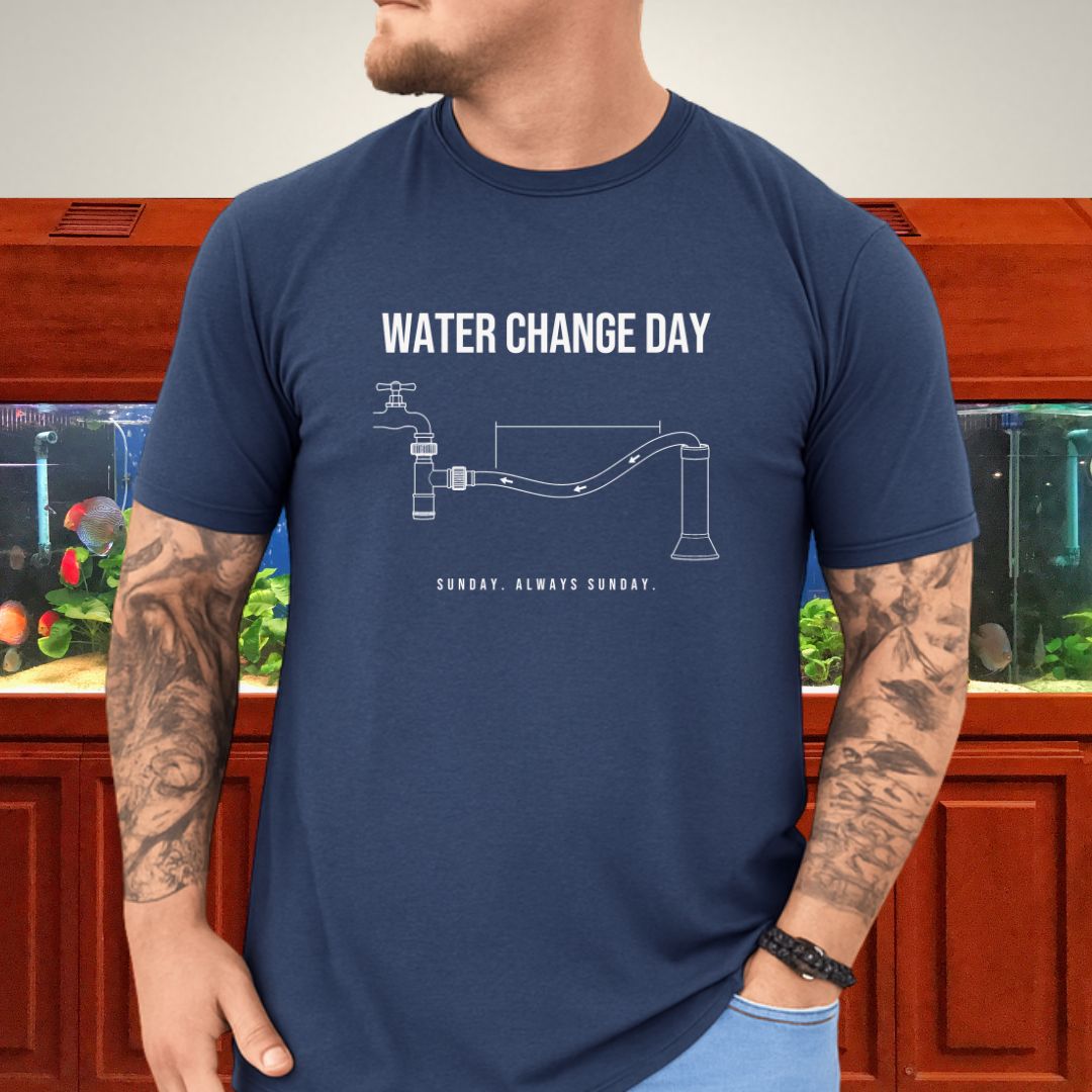 Line-art aquarium water-change siphon rig diagram on a dark heather unisex t-shirt