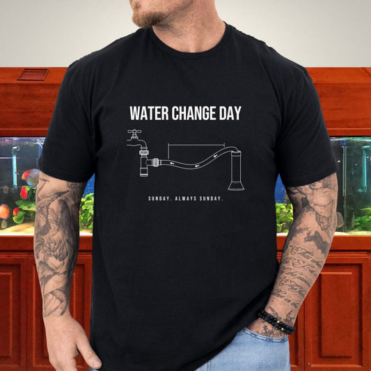 Line-art aquarium water-change siphon rig diagram on a black unisex t-shirt