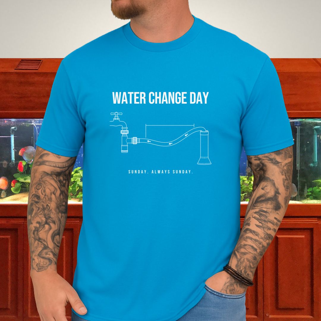 Line-art aquarium water-change siphon rig diagram on a heather red unisex t-shirt