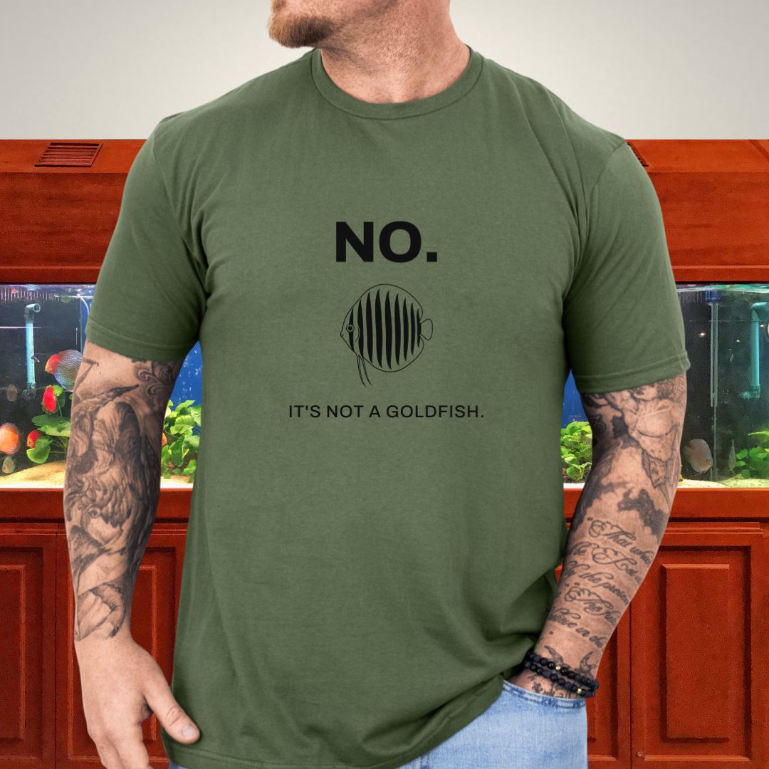 Line-art wild-type discus (Symphysodon aequifasciatus) with nine vertical bars on a military green unisex t-shirt