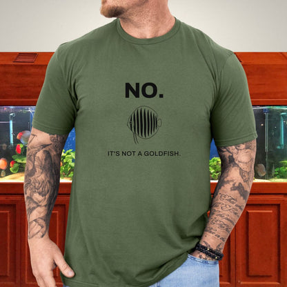 Line-art wild-type discus (Symphysodon aequifasciatus) with nine vertical bars on a military green unisex t-shirt