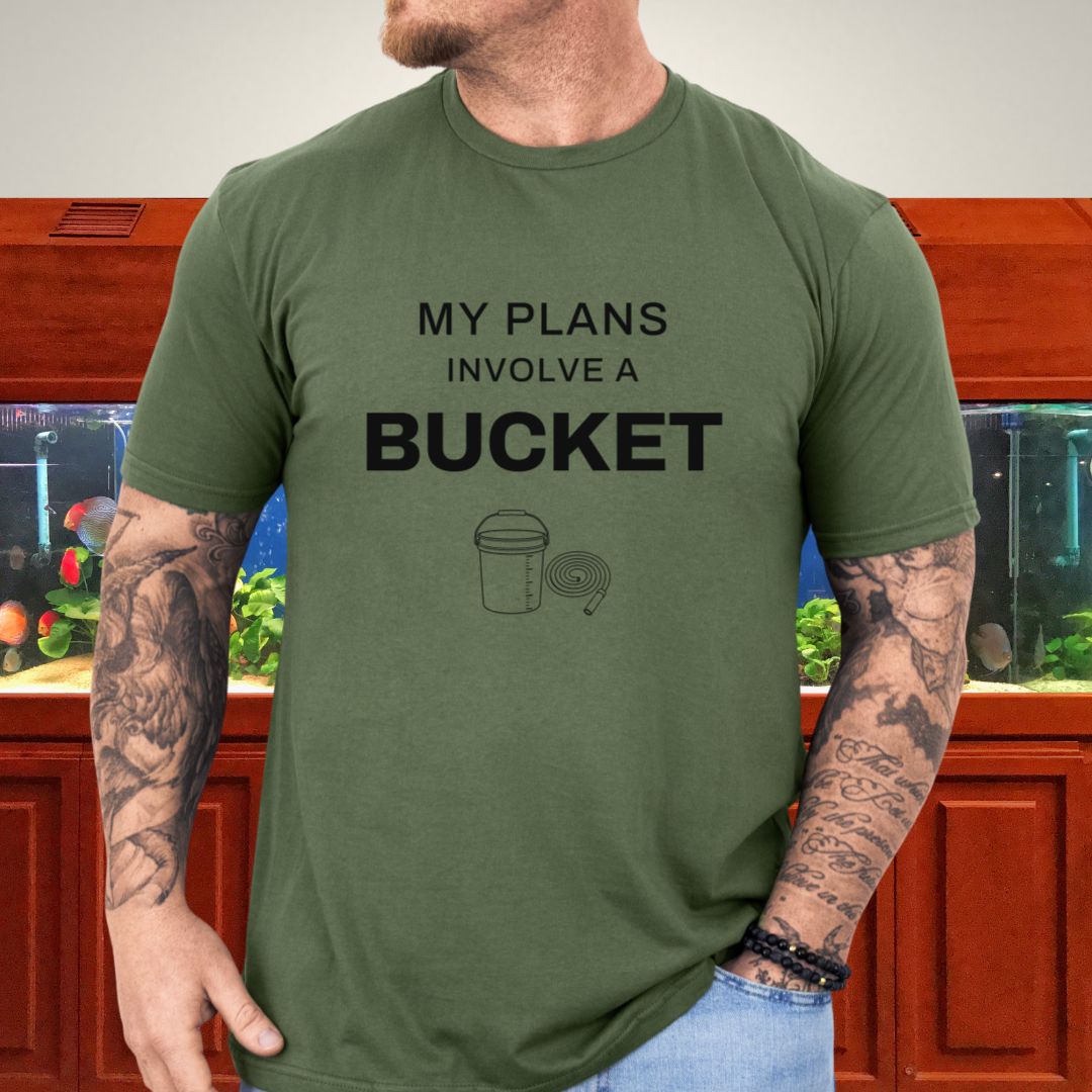 Line-art aquarium maintenance bucket with graduation marks and coiled hose on a military green unisex t-shirt