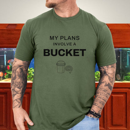 Line-art aquarium maintenance bucket with graduation marks and coiled hose on a military green unisex t-shirt