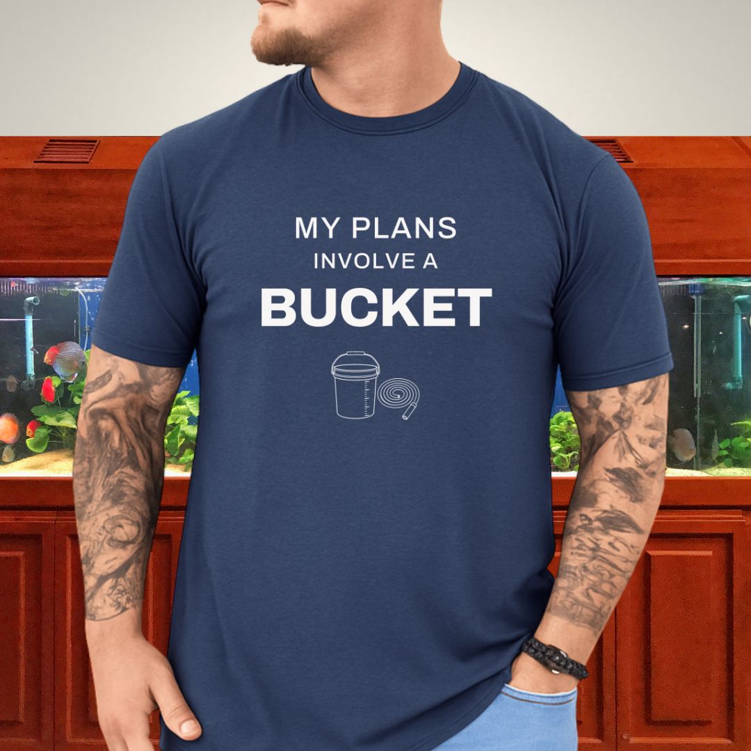Line-art aquarium maintenance bucket with graduation marks and coiled hose on a dark heather unisex t-shirt
