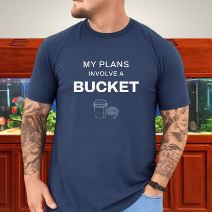 Line-art aquarium maintenance bucket with graduation marks and coiled hose on a dark heather unisex t-shirt