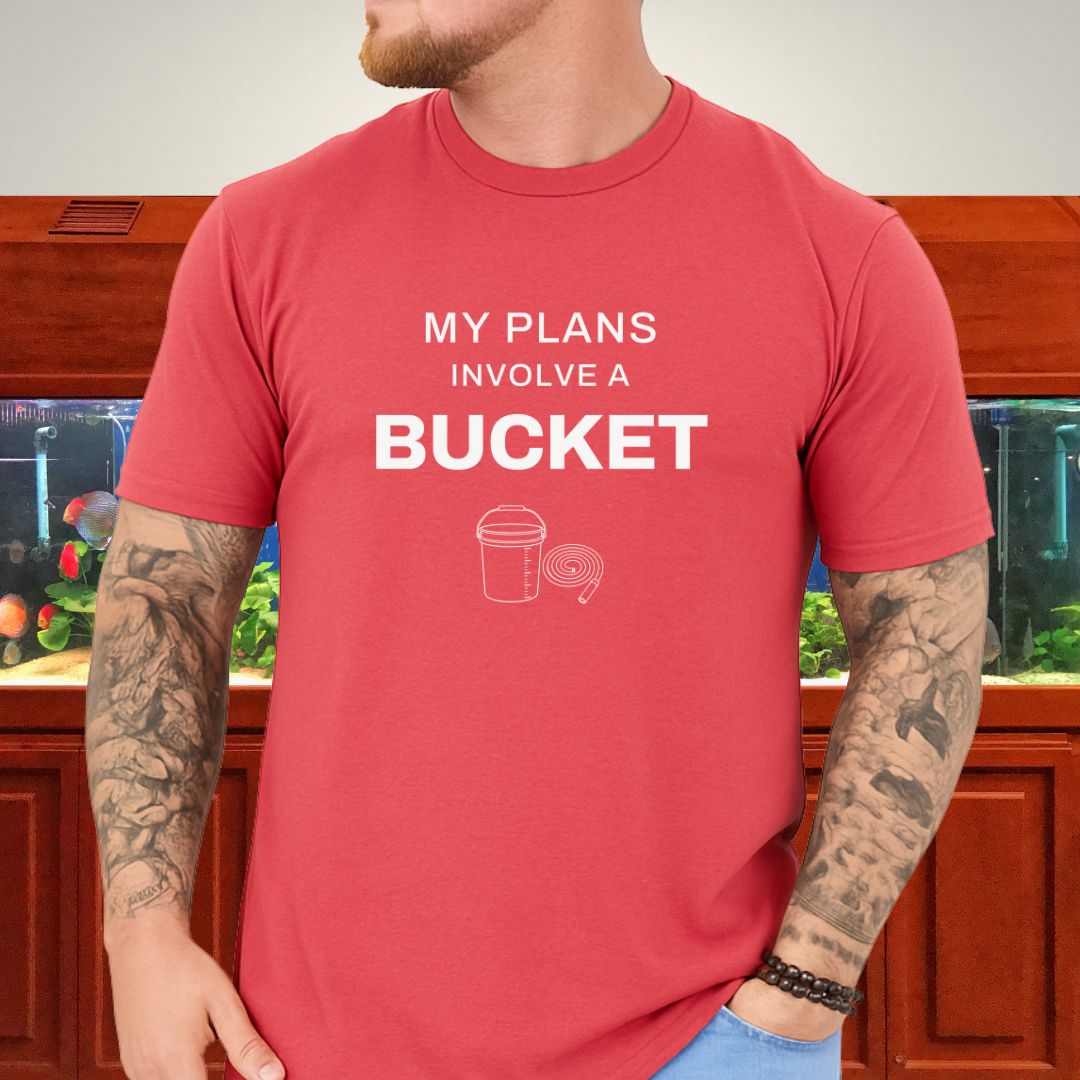 Line-art aquarium maintenance bucket with graduation marks and coiled hose on a tropical blue unisex t-shirt
