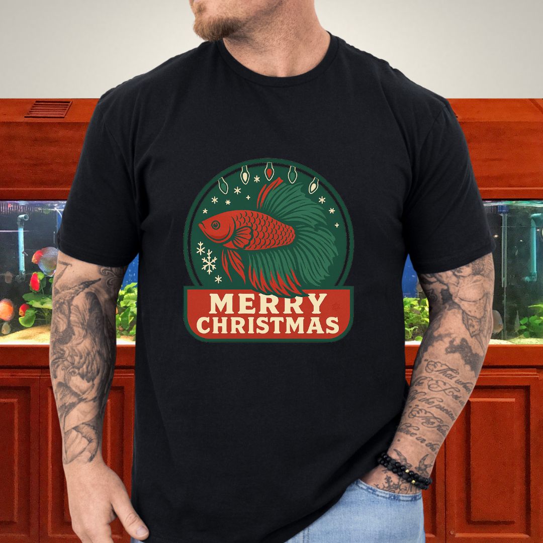 Retro Holiday Betta Fish Emblem Tee – Christmas Lights & Snowflakes-T-Shirt-Fish &amp; Friends Tees