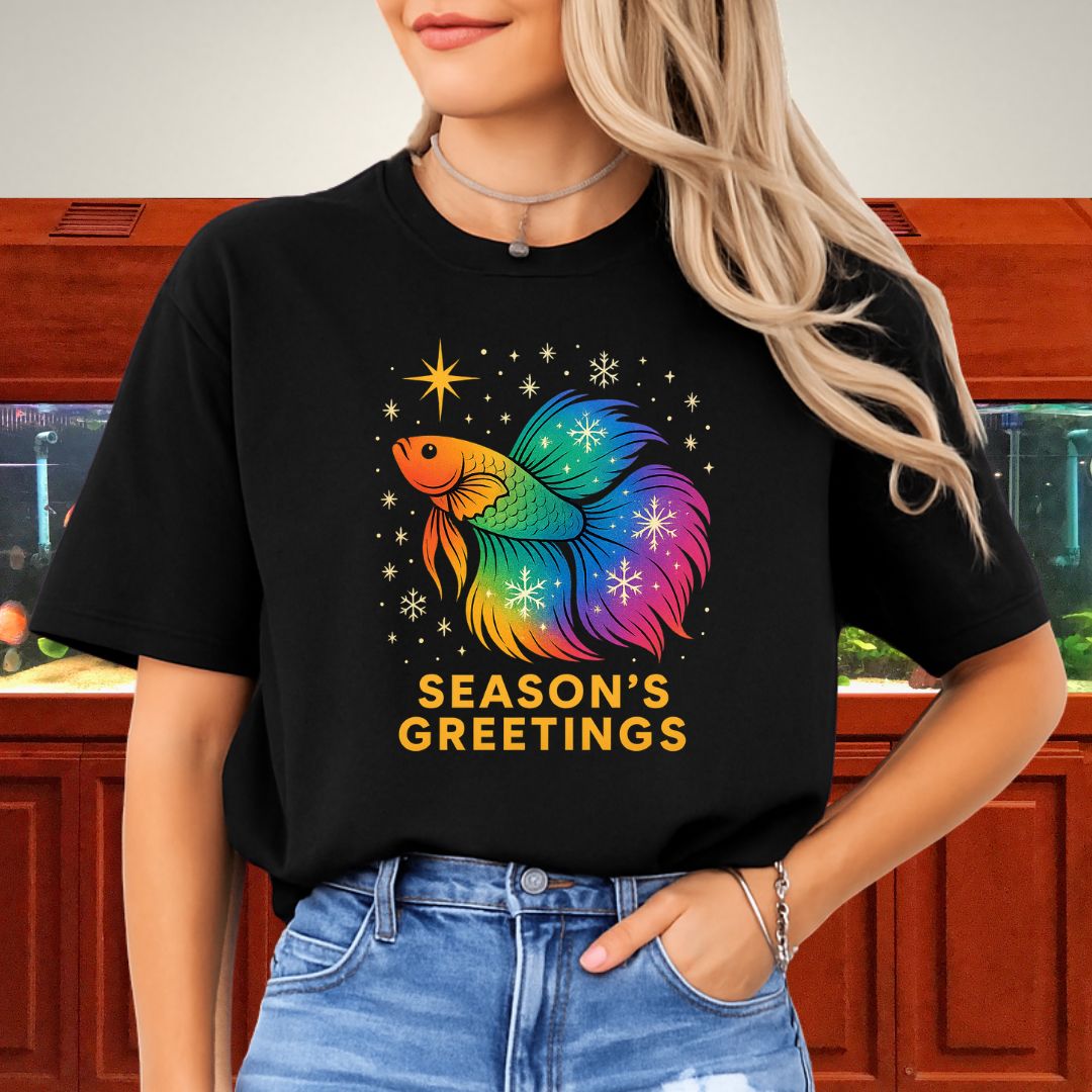 Rainbow Holiday Betta Fish Tee – Festive Star & Snowflake Design-T-Shirt-Fish &amp; Friends Tees