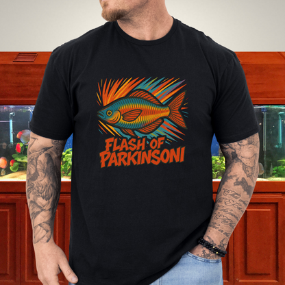 Flash of Parkinsoni T-Shirt – Rainbowfish Explosion Graffiti Design for Tropical Aquarium Fans