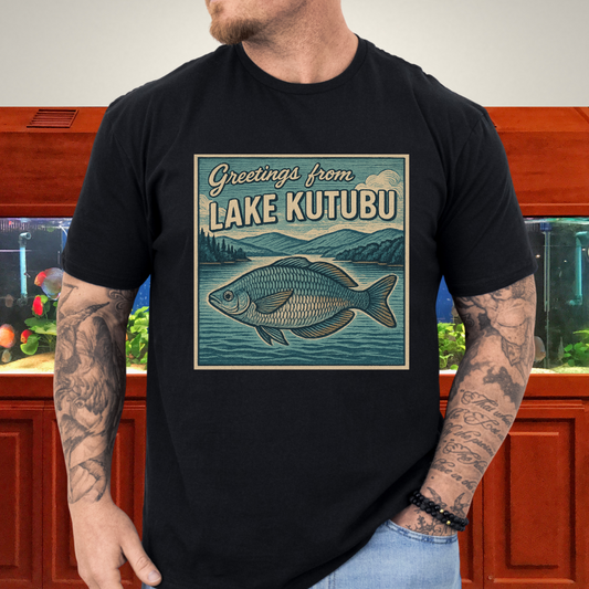 Greetings from Lake Kutubu Tee – Rainbowfish Woodcut Art