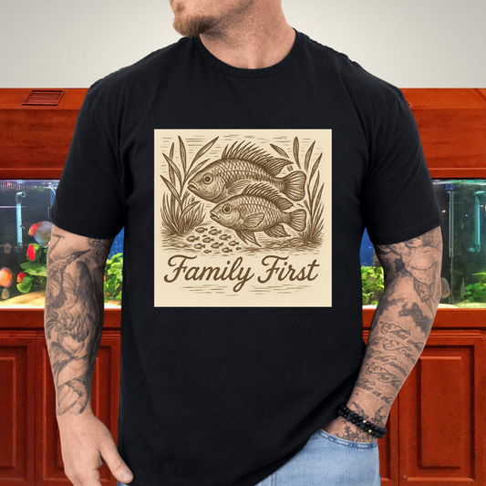 Family First Tee – Apistogramma Pair with Fry Nature Woodcut