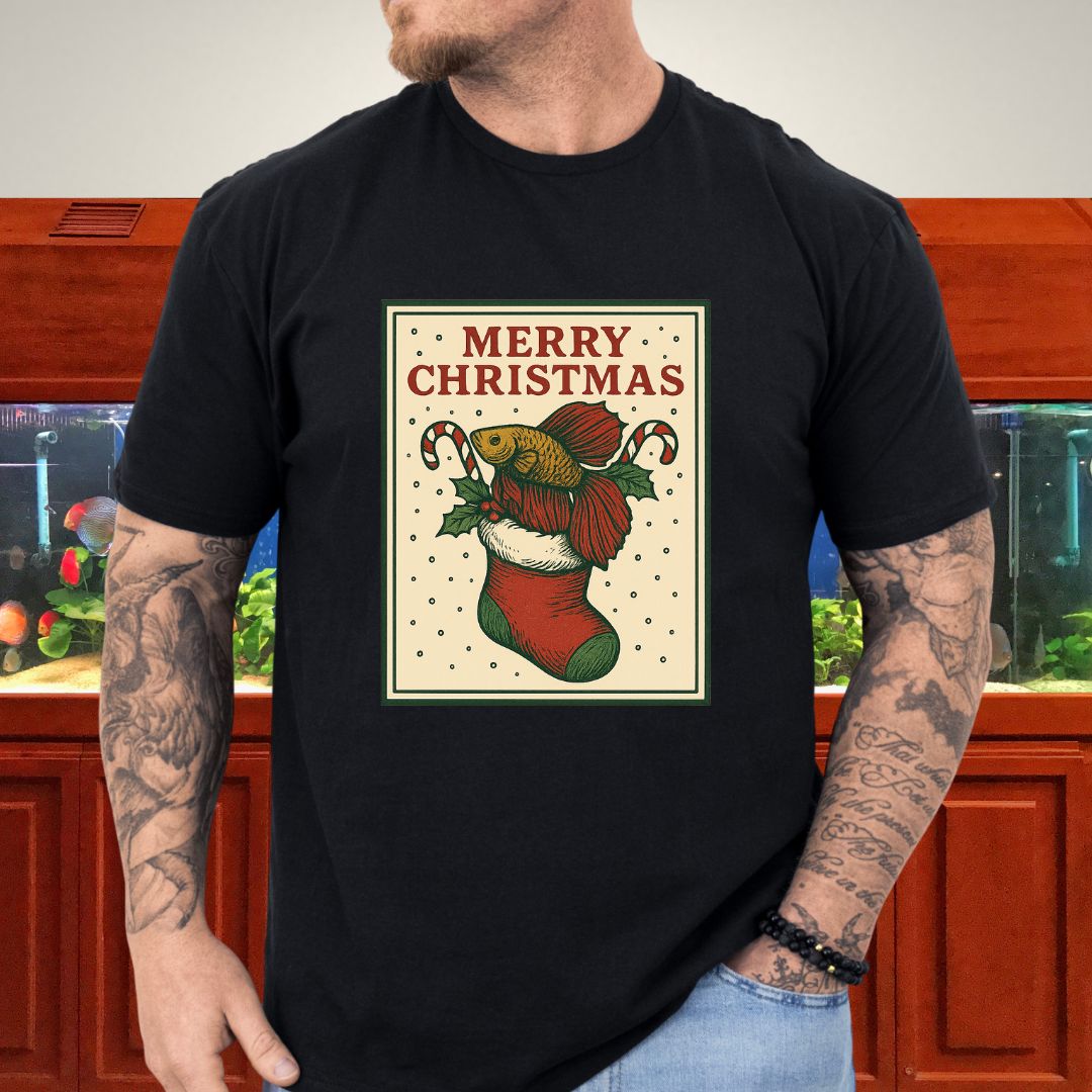 Christmas Stocking Betta Fish Tee – Hand-Sketched Holiday Card Design-T-Shirt-Fish &amp; Friends Tees