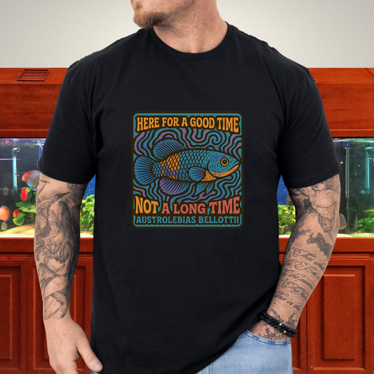 Here for a Good Time Tee – Psychedelic Bellottii Killifish