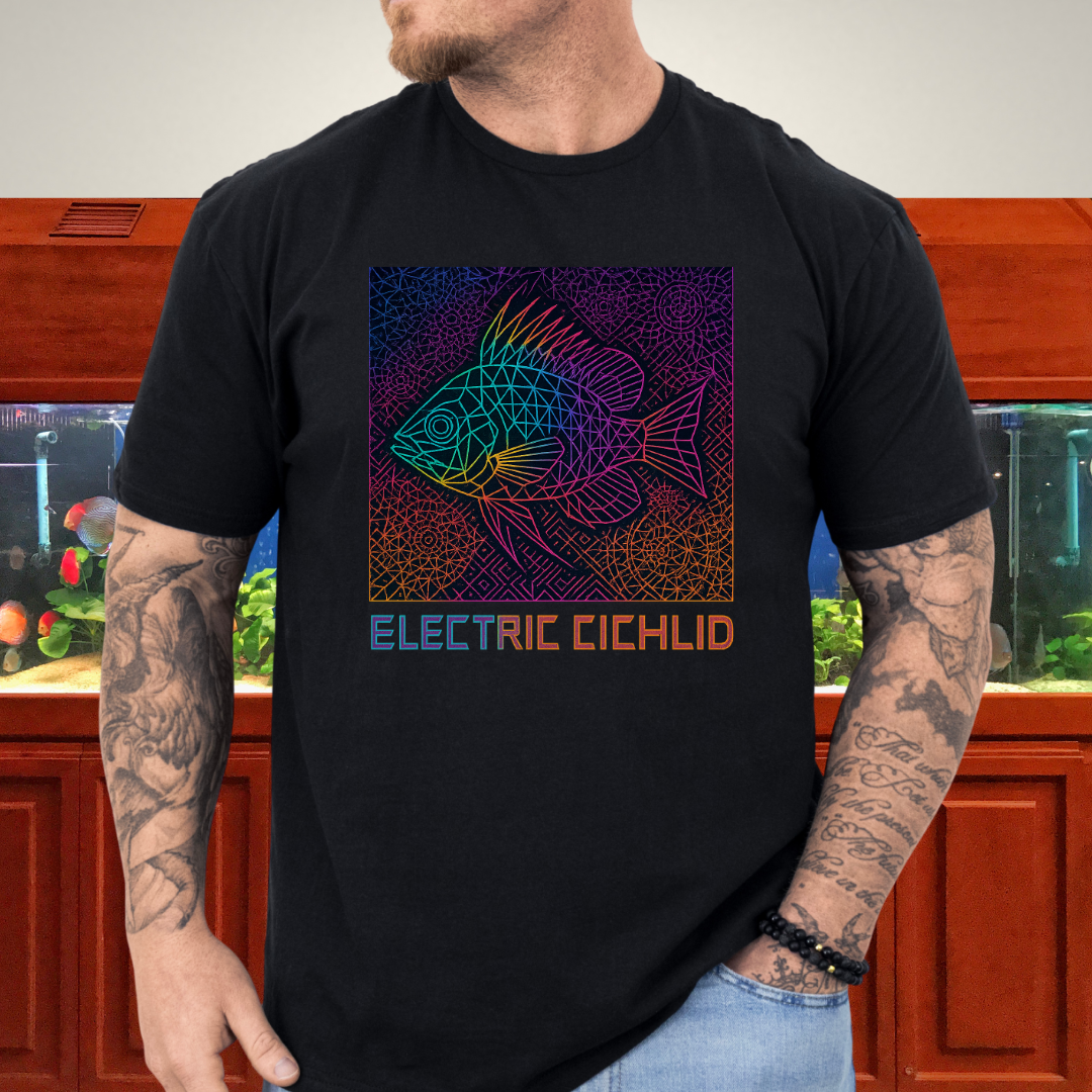 Electric Cichlid Tee – Neon German Blue Ram Geometric Design