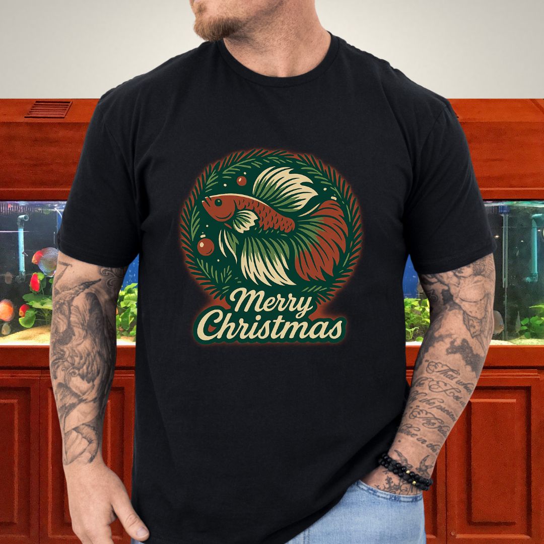 Retro Christmas Betta Fish Tee – Holiday Wreath Postcard Design-T-Shirt-Fish &amp; Friends Tees