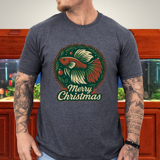 Retro Christmas Betta Fish Tee – Holiday Wreath Postcard Design-T-Shirt-Fish &amp; Friends Tees