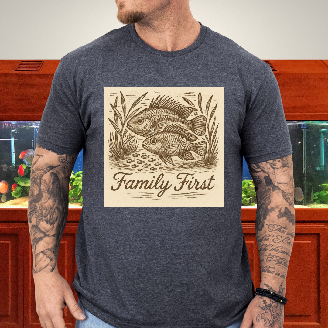 Family First Tee – Apistogramma Pair with Fry Nature Woodcut