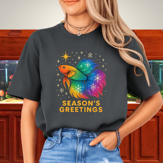 Rainbow Holiday Betta Fish Tee – Festive Star & Snowflake Design-T-Shirt-Fish &amp; Friends Tees