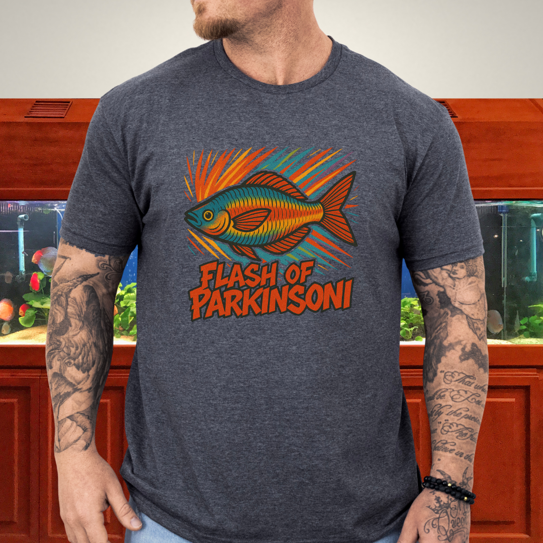 Flash of Parkinsoni T-Shirt – Rainbowfish Explosion Graffiti Design for Tropical Aquarium Fans