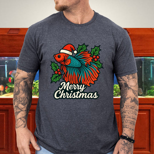 Festive Betta Fish Holiday Tee – Santa Hat & Holly Design-T-Shirt-Fish &amp; Friends Tees